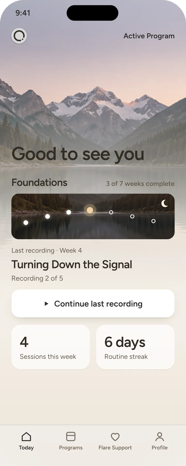 The Today screen, showing progress through the Foundations program and the last recording