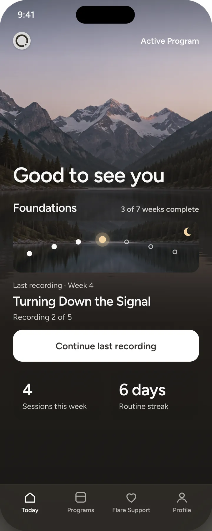 The Today screen, showing progress through the Foundations program and the last recording